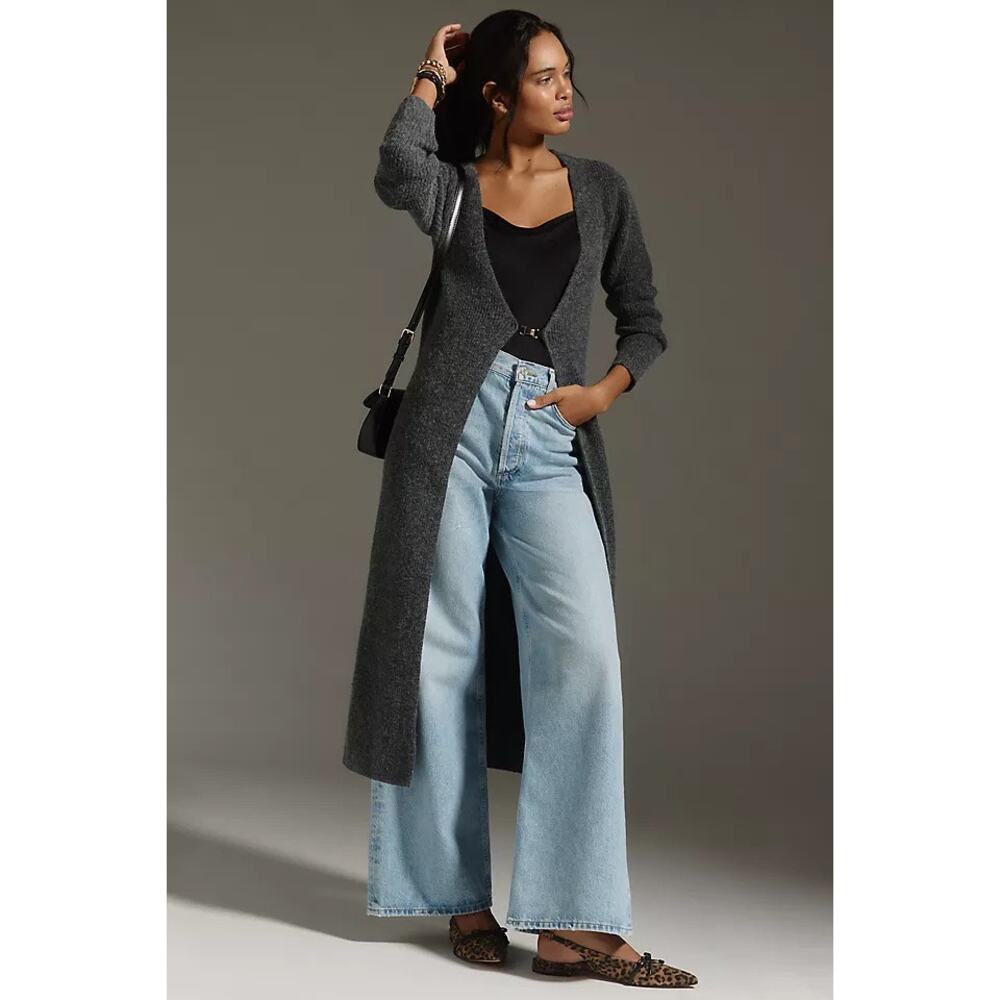 Anthropologie Longline Ribbed Cardigan Gray XS/S Hardware Clasp Sweater Boho